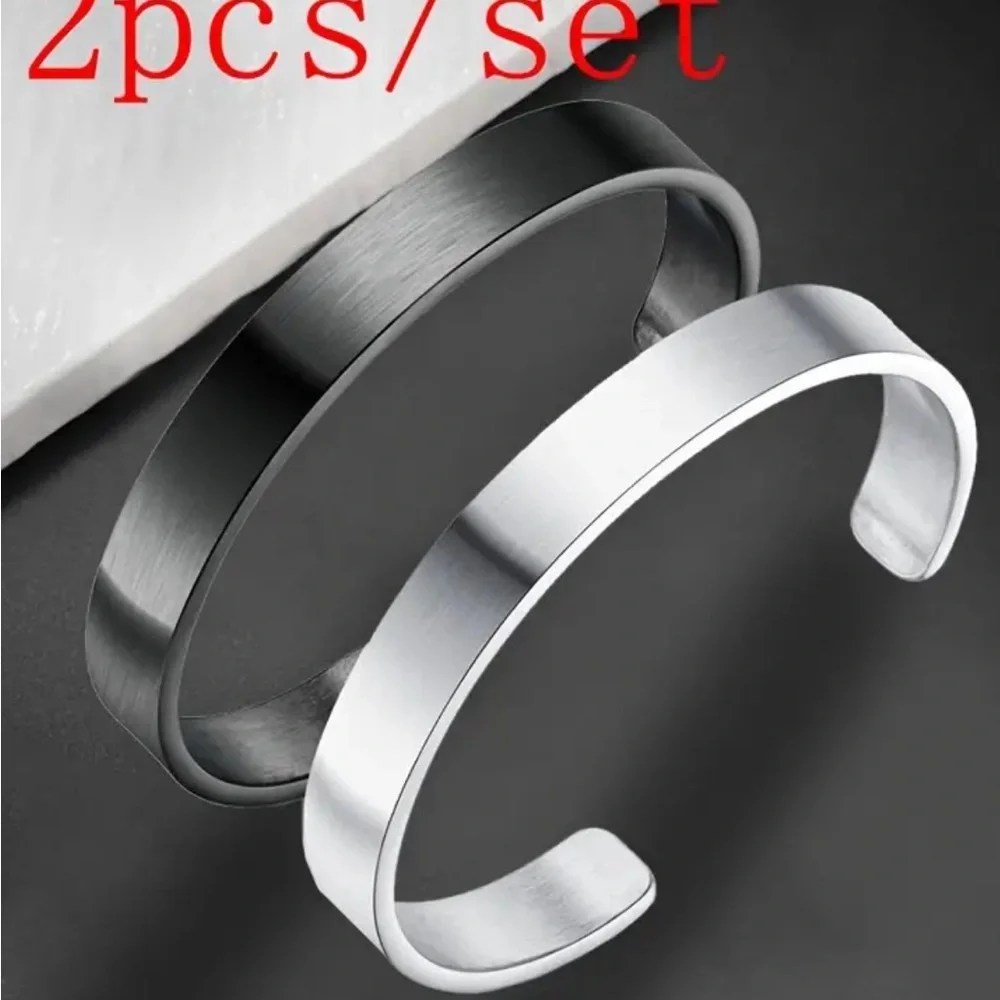 NWT Mens Stainless Steel Cuff Bracelet Set Black Silver Minimalist Bangle 2Pcs
